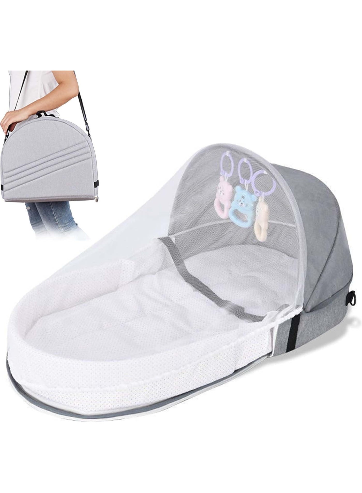 Baby Travel Bassinet, Portable Baby Nests, Foldable Cot, Travel Bed With Mosquito Net And Awning, Suitable For Travelling And Home Use, Easy To Carry (Grey)